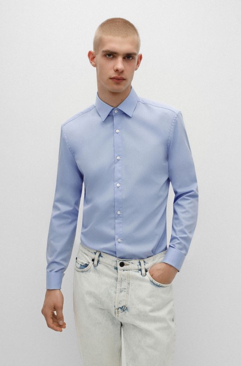 Slim-fit πουκάμισο από βαμβακερή ποπλίνα Hugo Boss γαλάζιο από εύκολο σίδερο
