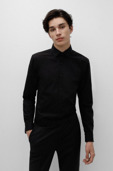 Slim-fit πουκάμισο από βαμβακερή βαμβακερή ποπλίνα μαύρη Hugo Boss