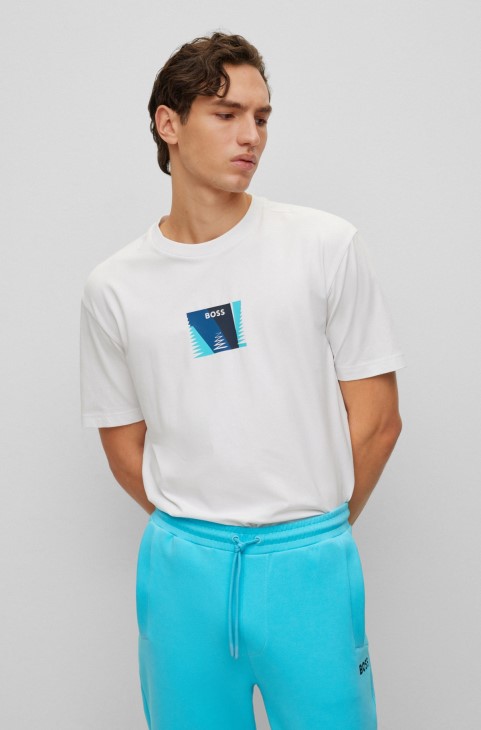 Μπλουζάκι με χαλαρή εφαρμογή από βαμβακερό ελαστικό με εμπριμέ εμπριμέ λευκό Hugo Boss