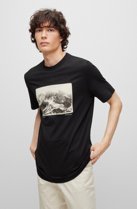 μαύρο βαμβακερό μπλουζάκι με στάμπα βουνού Hugo Boss