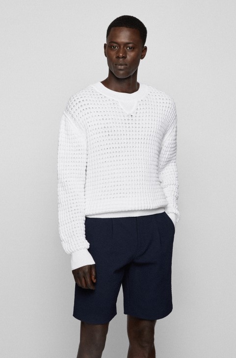 πουλόβερ με χοντρή δομή χαλαρής εφαρμογής σε βαμβακερό μείγμα Hugo Boss λευκό