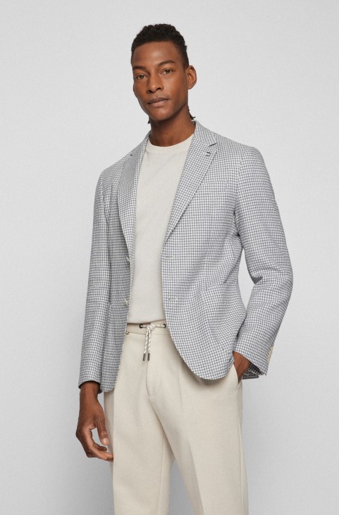 Slim-fit Jacket από βαμβακερό Houndstooth και λινό Hugo Boss Blue