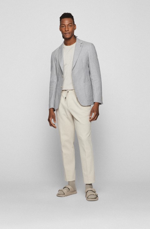 Slim-fit Jacket από βαμβακερό Houndstooth και λινό Hugo Boss Blue
