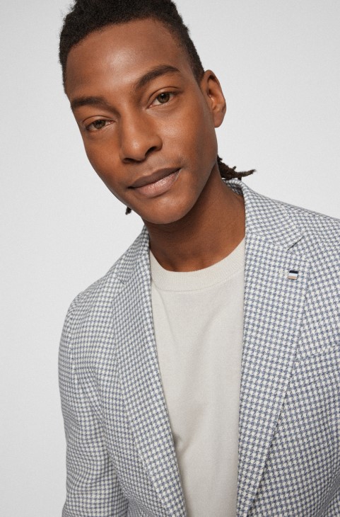 Slim-fit Jacket από βαμβακερό Houndstooth και λινό Hugo Boss Blue
