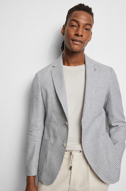 Slim-fit Jacket από βαμβακερό Houndstooth και λινό Hugo Boss Blue
