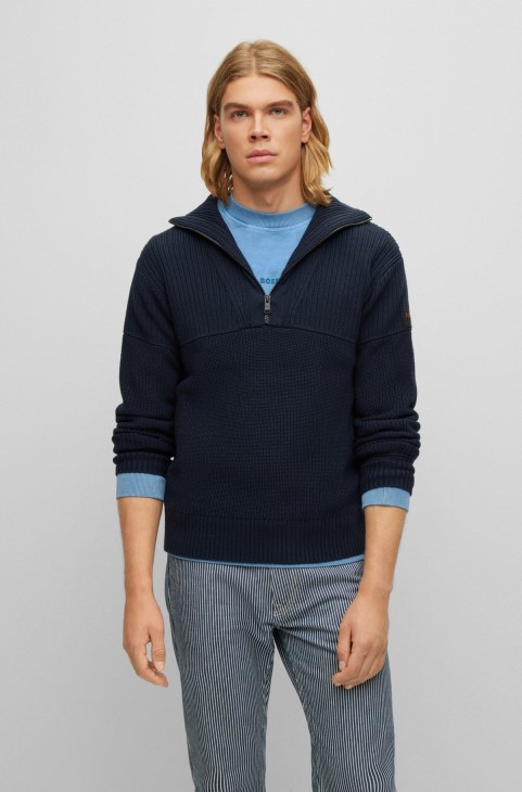 κανονικό πουλόβερ με φερμουάρ και μεικτές δομές Hugo Boss σκούρο μπλε