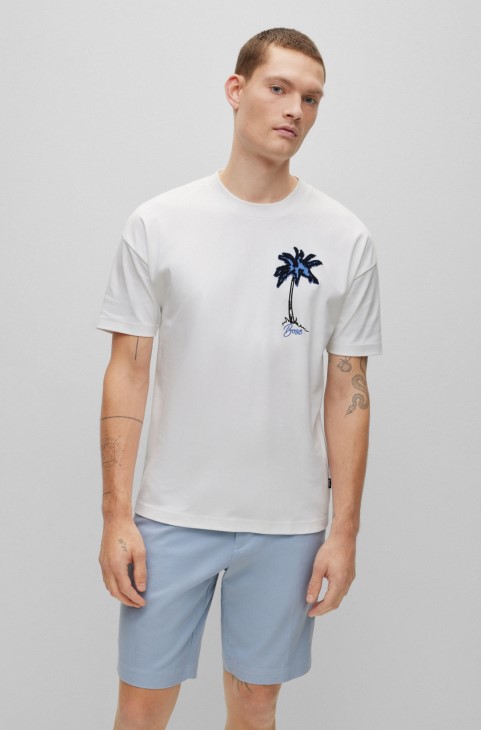 άσπρο μπλουζάκι Hugo Boss, υπερμεγέθη, βαμβακερό μπλουζάκι, με απλικέ