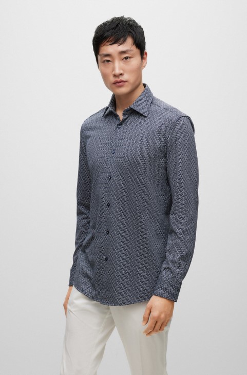 Slim-fit πουκάμισο σε εμπριμέ Performance-stretch ύφασμα σκούρο μπλε Hugo Boss