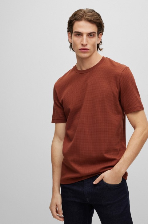 Hugo Boss μερσεριζέ-βαμβακερό μπλουζάκι κανονικής εφαρμογής με δομή βάφλας καφέ