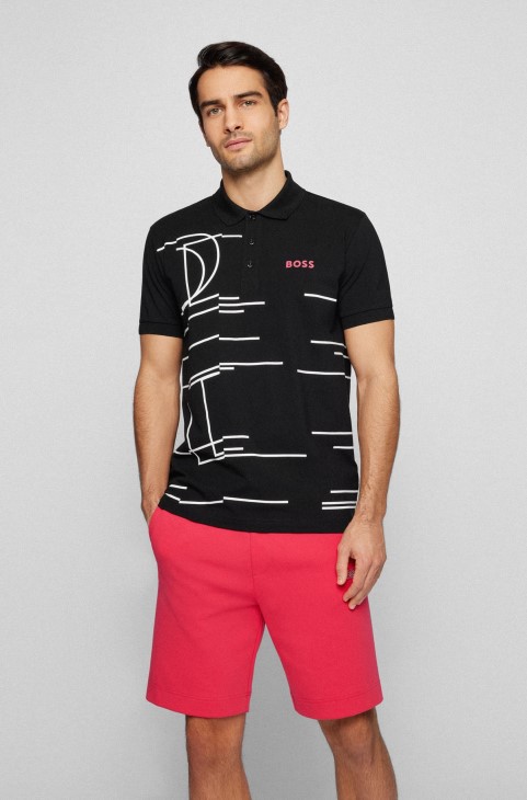 Μαύρο μπλουζάκι πόλο Hugo Boss με ελαστικό βαμβάκι με γεωμετρικά έργα τέχνης ευαίσθητα στο φως