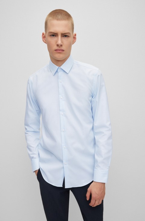 Πουκάμισο Hugo Boss σιέλ σε λεπτή εφαρμογή από δομημένο βαμβάκι υψηλής απόδοσης