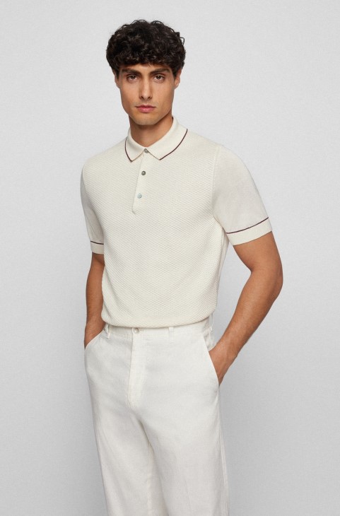 Hugo Boss μεταξωτό-βαμβακερό Polo μπλουζάκι με δομημένο μπροστινό πάνελ λευκό