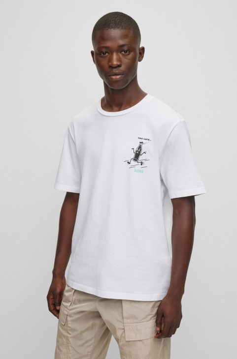 Μπλουζάκι από βαμβακερό ζέρσεϊ με λευκά γραφικά της νέας σεζόν