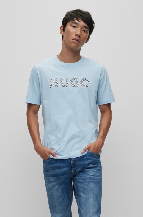 γαλάζιο βαμβακερό μπλουζάκι με λεπτομέρεια λογότυπου Hugo Boss