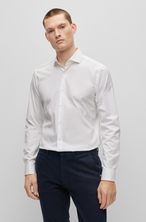 λευκό πουκάμισο Hugo Boss σε Slim-fit από βαμβακερό ελαστικό με διπλές μανσέτες