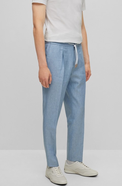 σιέλ παντελόνι Hugo Boss ψαροκόκαλο σε λεπτή εφαρμογή από λινό, μαλλί και μετάξι