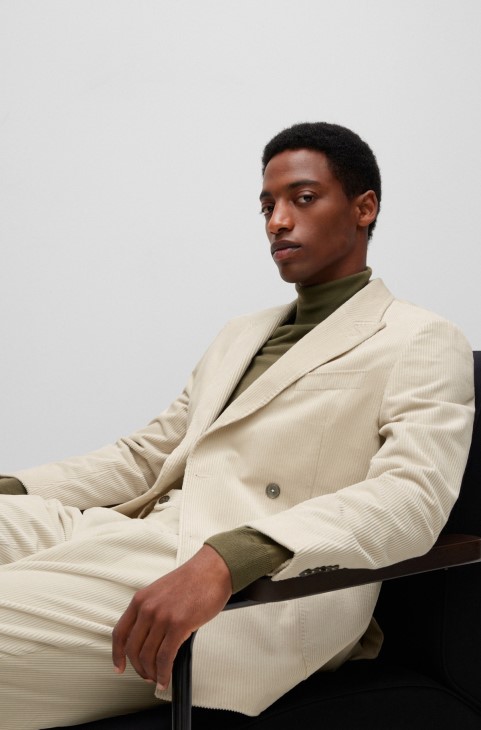 Διπλό μπουφάν Hugo Boss με λεπτή εφαρμογή σε ανοιχτό μπεζ κοτλέ από βαμβάκι-κασμίρ
