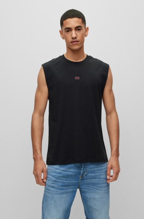 μαύρο αμάνικο μπλουζάκι σε βαμβακερή φανέλα με λογότυπο Hugo Boss