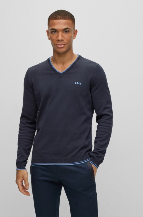 Σκούρο μπλε πουλόβερ από οργανικό βαμβάκι σε λαιμόκοψη με κυρτό λογότυπο Hugo Boss