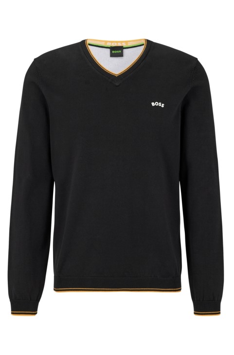 μαύρο πουλόβερ Hugo Boss από οργανικό βαμβάκι σε λαιμόκοψη με κυρτό λογότυπο
