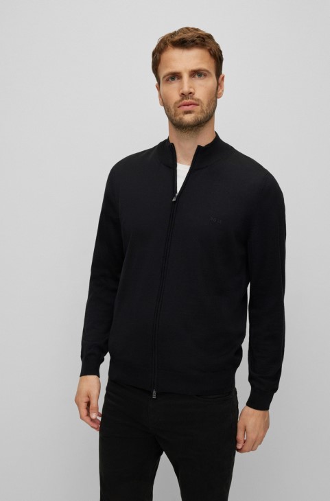 Ζακέτα με φερμουάρ Hugo Boss από παρθένο μαλλί με κεντημένο λογότυπο μαύρο