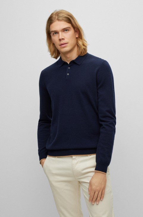 Ιταλικό-κασμίρ πουλόβερ με γιακά πόλο Hugo Boss σκούρο μπλε