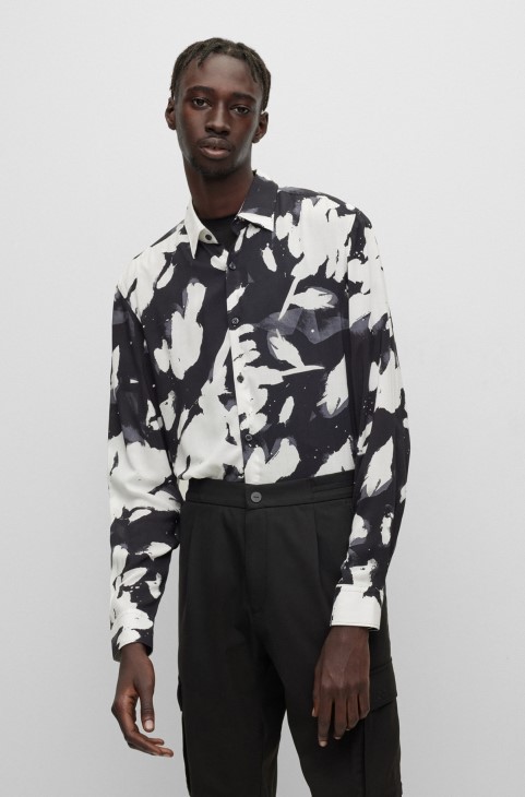 μαύρο πουκάμισο Hugo Boss Slim-fit σε εμπριμέ ποπλίνα