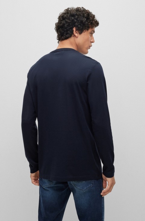 Hugo Boss σκούρο μπλε μακρυμάνικο μπλουζάκι από βαμβάκι-μετάξι με δομή φυσαλίδων