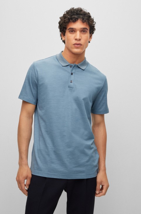 Πόλο μπλουζάκι Hugo Boss βαμβακερό-μεταξωτό με δομή φυσαλίδας μπλε