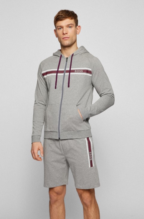 Μπουφάν Hugo Boss σε γκρι βαμβακερή κουκούλα με ρίγες και λογότυπο