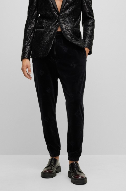 μαύρα φόρμα φόρμας Hugo Boss με στοίβαξη με λογότυπο σε βαμβακερό βελούδο