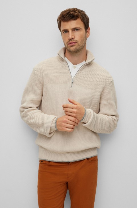 λευκό πουλόβερ με φερμουάρ Hugo Boss από βαμβάκι, κασμίρ και μαλλί