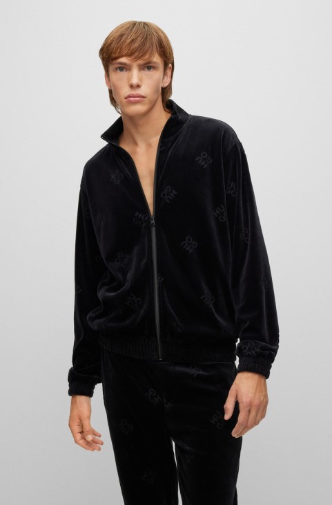 μαύρο φούτερ Hugo Boss χαλαρής εφαρμογής με φερμουάρ με στοιβαγμένα λογότυπα