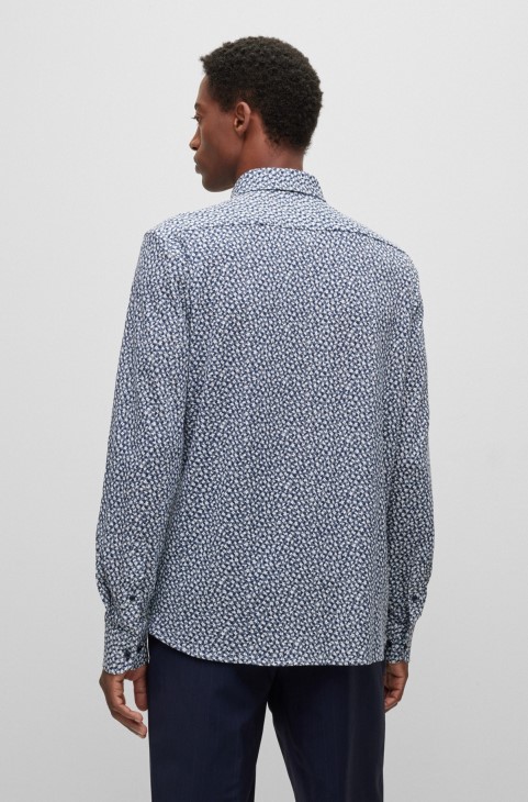 πουκάμισο με κανονική εφαρμογή σε εμπριμέ βαμβακερό ζέρσεϊ σκούρο μπλε Hugo Boss
