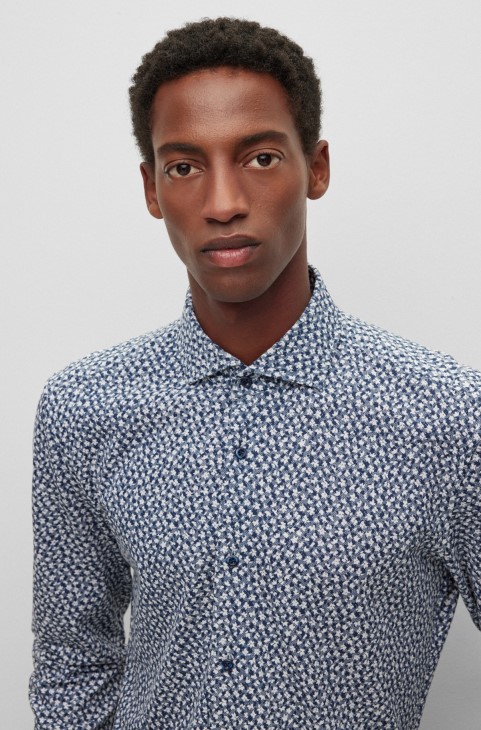 πουκάμισο με κανονική εφαρμογή σε εμπριμέ βαμβακερό ζέρσεϊ σκούρο μπλε Hugo Boss
