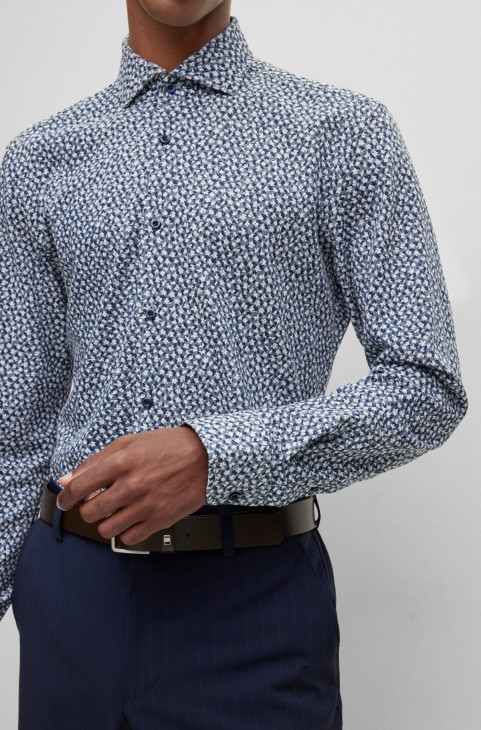 πουκάμισο με κανονική εφαρμογή σε εμπριμέ βαμβακερό ζέρσεϊ σκούρο μπλε Hugo Boss
