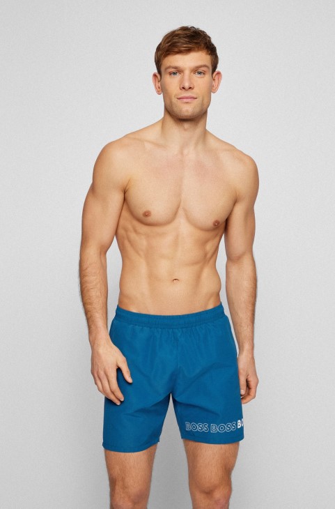σορτς μαγιό μπλε Hugo Boss από ανακυκλωμένο υλικό με επαναλαμβανόμενα λογότυπα
