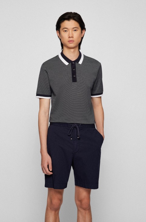 σκούρο μπλε Hugo Boss βαμβακερό-μεταξωτό μπλουζάκι πόλο σε λεπτή εφαρμογή με δομή φυσαλίδων