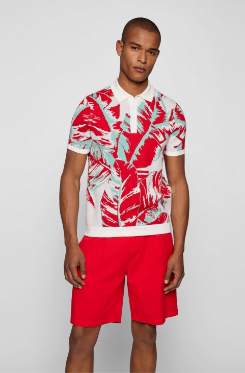 Πουλόβερ πόλο από οργανικό βαμβάκι Hugo Boss με κόκκινο σχέδιο φύλλων