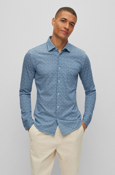 Πουκάμισο Hugo Boss Slim-fit σε εμπριμέ βαμβακερό Jersey Blue