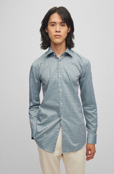 Slim-fit πουκάμισο σε γεωμετρικό τύπωμα ψαροκόκαλο βαμβακερό Hugo Boss ανοιχτό πράσινο