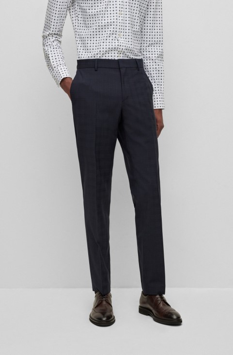 Σκούρο μπλε Slim-fit παντελόνι από καρό ύφασμα με παρθένο μαλλί Hugo Boss