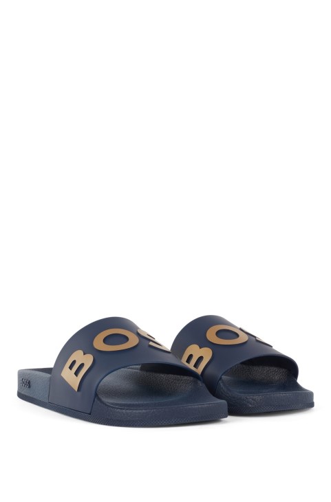 σκούρο μπλε Hugo Boss διαφάνειες ιταλικής κατασκευής με λουράκι με λογότυπο αντίθεσης