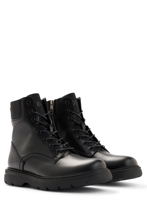 μαύρες δερμάτινες μισές μπότες Hugo Boss με λεπτομέρειες λογότυπου