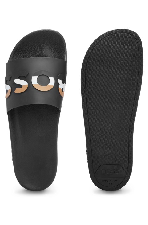 διαφάνειες Pvc με λογότυπο με λωρίδα υπογραφής και μαύρη αφεντική Hugo με περίγραμμα ποδιών
