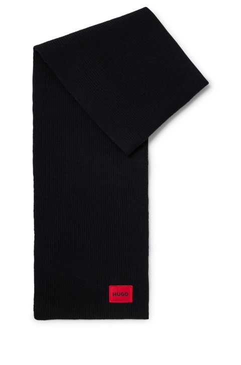 κασκόλ με ραβδώσεις από μείγμα μαλλί με κόκκινο λογότυπο ετικέτα Hugo Boss μαύρο