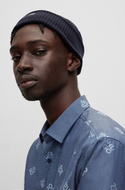 Καπέλο ψαρά με ραβδώσεις Hugo Boss με ετικέτα με λογότυπο σε απαλά νήματα σκούρο μπλε