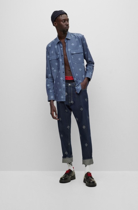 Καπέλο ψαρά με ραβδώσεις Hugo Boss με ετικέτα με λογότυπο σε απαλά νήματα σκούρο μπλε
