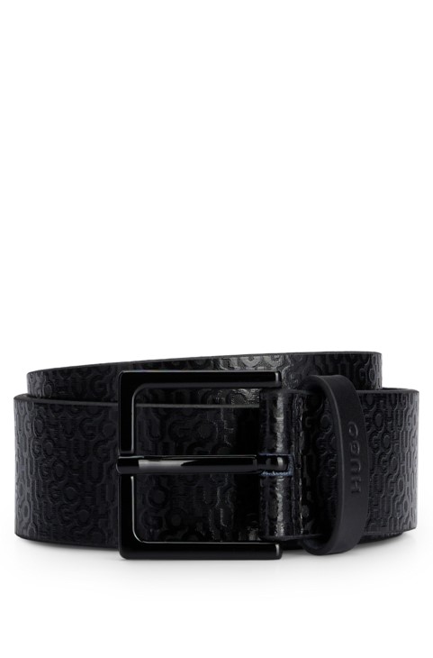 μαύρη ιταλική δερμάτινη ζώνη με μοτίβο σε όλο το λογότυπο Hugo Boss