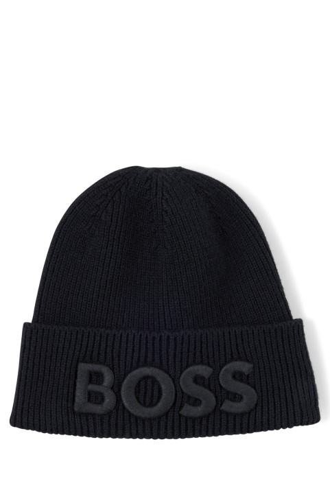 μαύρο καπέλο Hugo Boss από βαμβακερό καπέλο Beanie με τρισδιάστατο κεντημένο λογότυπο